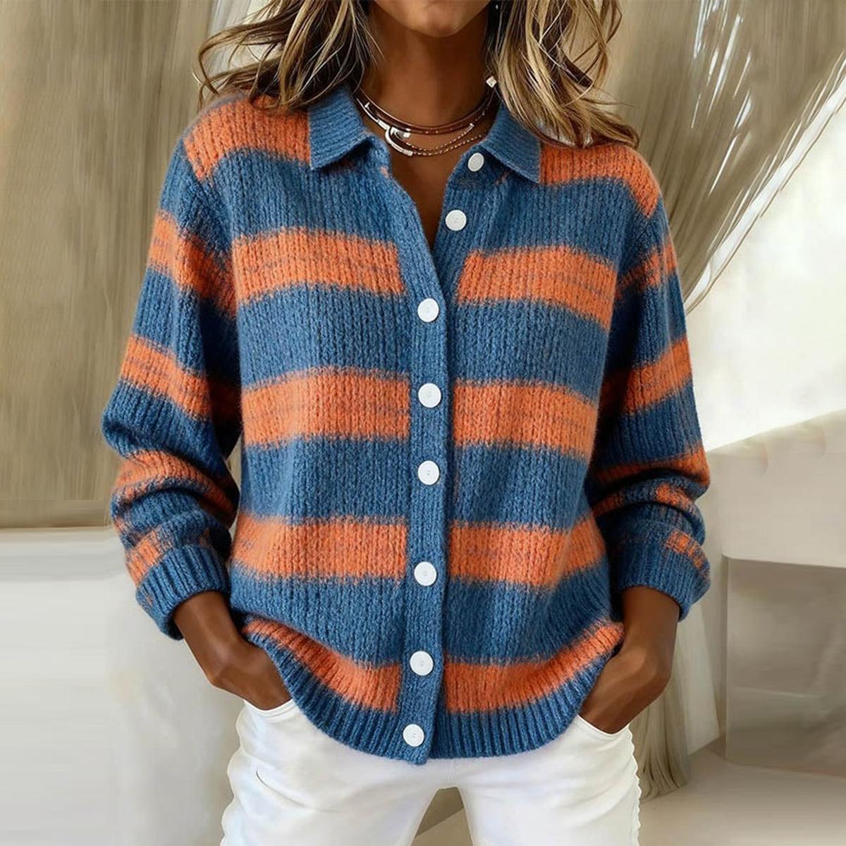 Winter Cardigan Blau Orange Gestreift Damen Kuschelig Warm