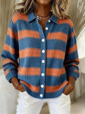 Winter Cardigan Blau Orange Gestreift Damen Kuschelig Warm