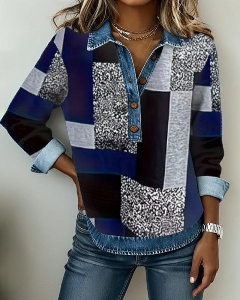 Winter Damen Color Block Denim Longsleeve V-Neck Top