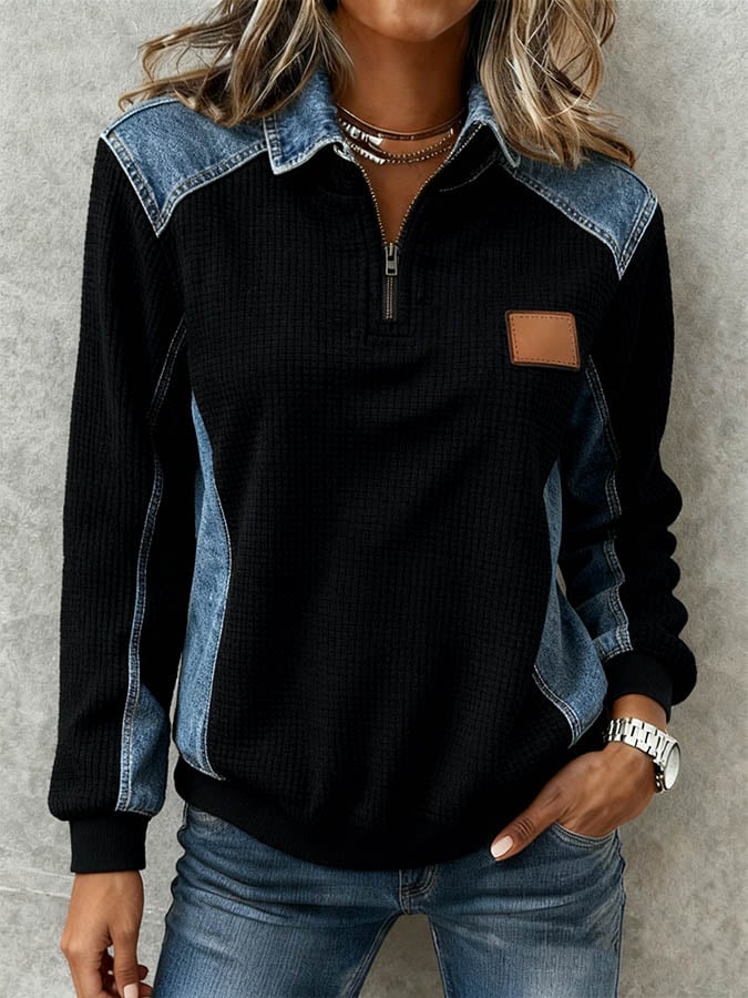 Winter Waffle Top Damen mit Denim-Details – warm & casual