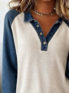 Warmes Damen Waffelshirt mit Denimärmeln für den Winter