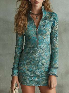 Blaues Winter Mini Kleid langarm figurbetont mit Blumenmuster