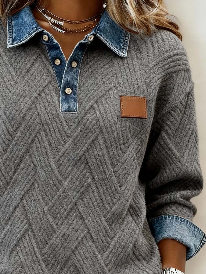 Winter Herren Strickpullover Grau mit Denimkragen Cozy Style