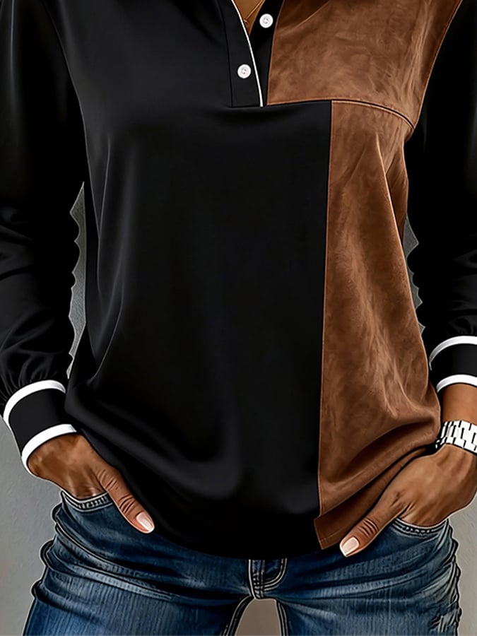 Winter Damen Colorblock Hemd Schwarz Karamell Langarm Casual