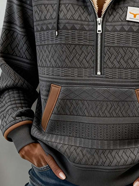 Kuscheliger Winter Half-Zip Hoodie mit Ethno Color-Block