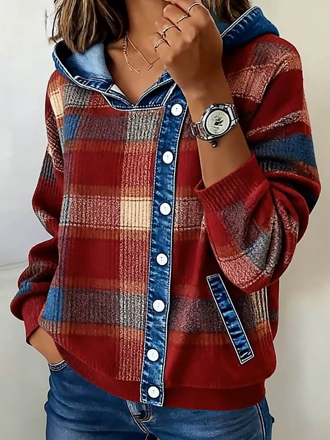 Warmer Damen Karo Hoodie mit Kapuze für den Winter