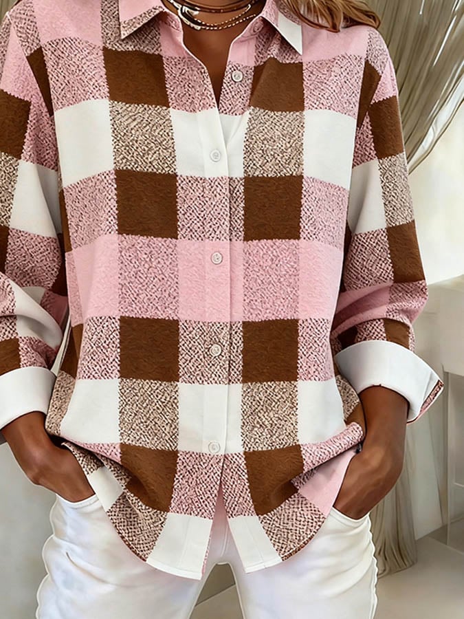Kuscheliges Karo Winterhemd Rosa Braun Weiß Loose Fit Damen