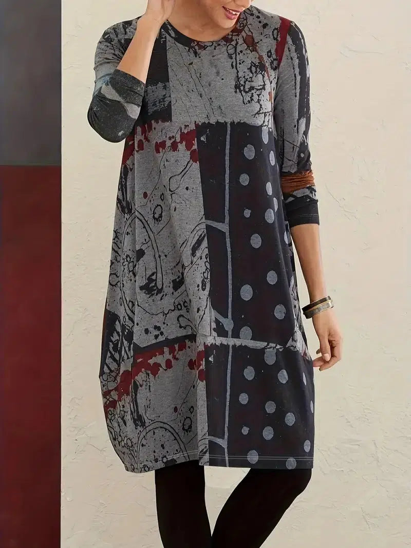 Warmes Langarm-Minikleid im Grauen Polka Dot Design - Perfekt für den Winter