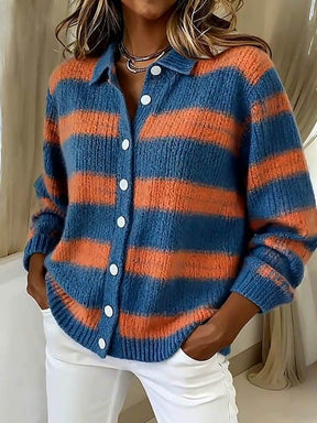 Winter Cardigan Blau Orange Gestreift Damen Kuschelig Warm