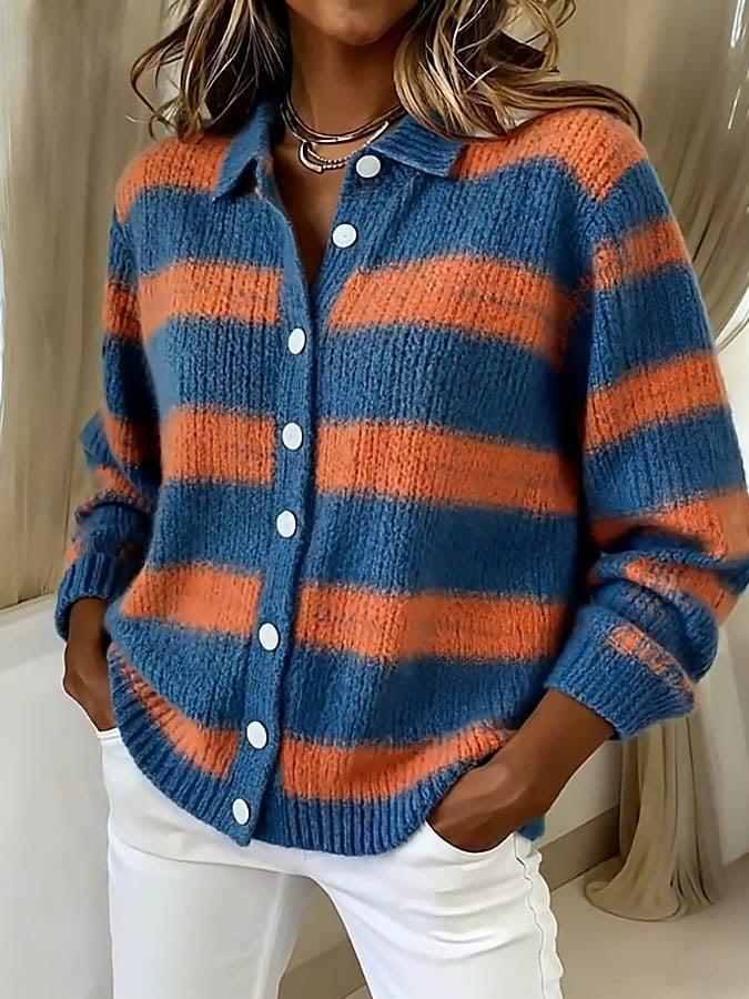Winter Cardigan Blau Orange Gestreift Damen Kuschelig Warm