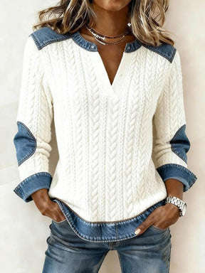 Winter Longsleeve Top Creme mit Denim, warm & stylisch