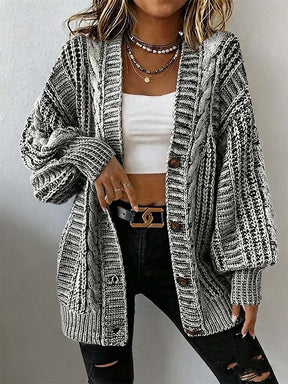 Warmer Oversize Winter Cardigan Damen mit Zopfmuster Grau