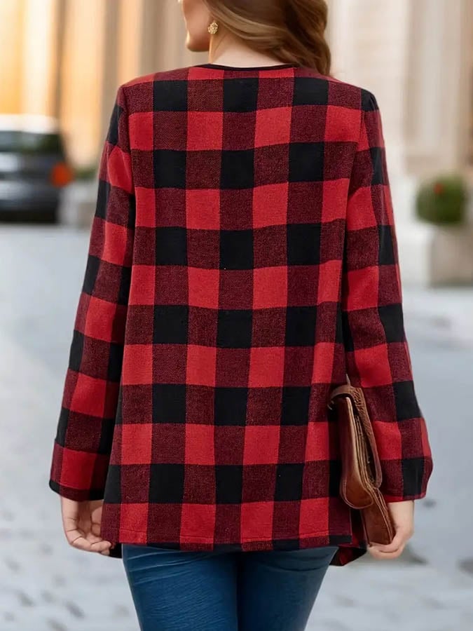 Kuscheliger Winter Cardigan rot kariert mit Wasserfall-Schnitt