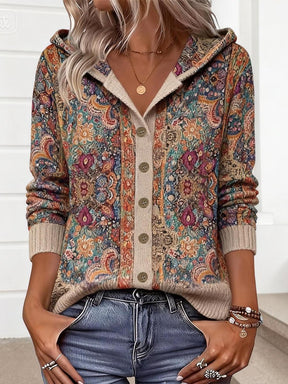 Boho Winter Hoodie Cardigan mit floralem Vintage-Print
