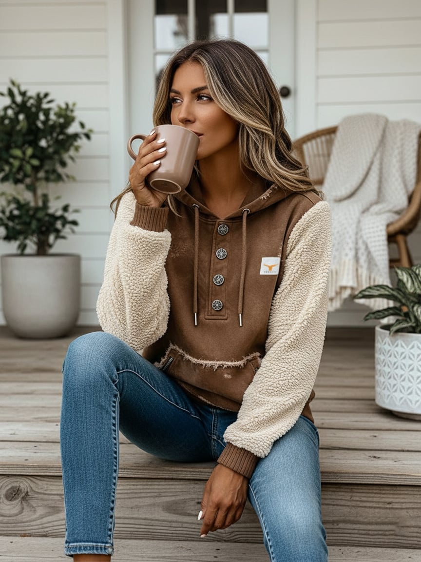 Gefütterter Damen Hoodie Winter Teddy Patchwork Braun