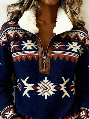 Damen Winter Fleece Pullover mit Stehkragen Ethno Dunkelblau