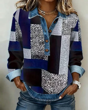 Winter Damen Color Block Denim Longsleeve V-Neck Top