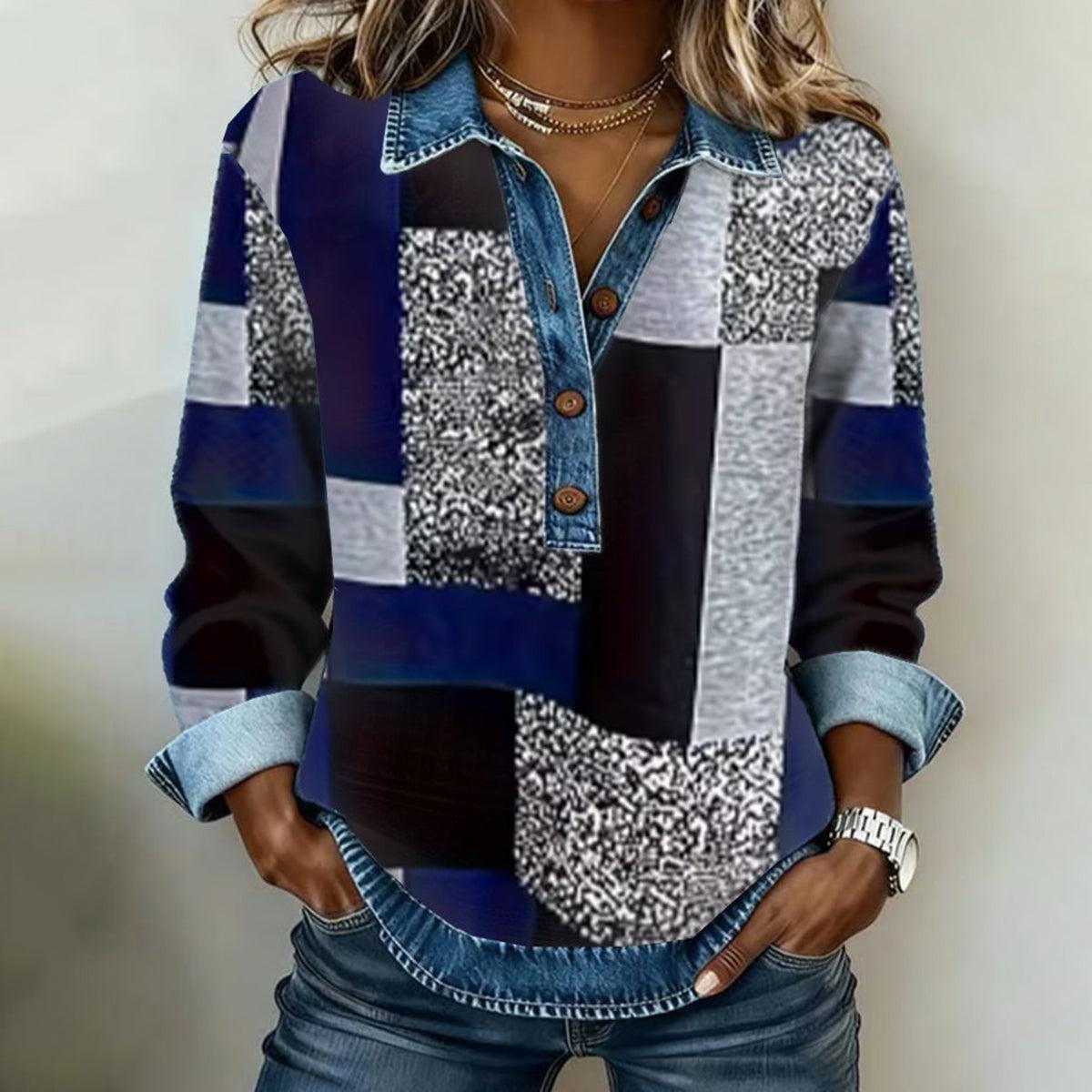 Winter Damen Color Block Denim Longsleeve V-Neck Top