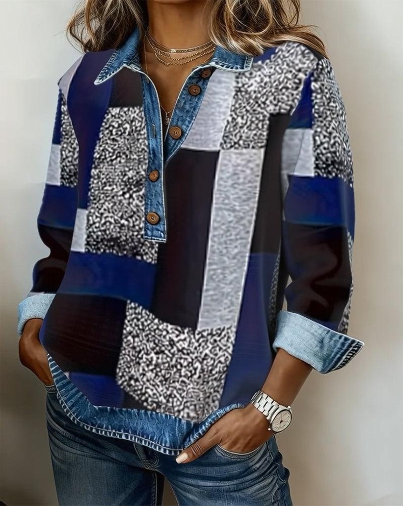 Winter Damen Color Block Denim Longsleeve V-Neck Top