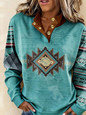 Boho Winter Sweatshirt Türkis mit Ethno Print und Stehkragen