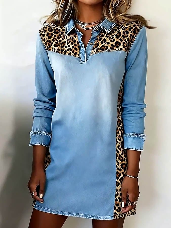 Winter Kleid Denim Leo Patchwork – Warm & Stylisch Damen