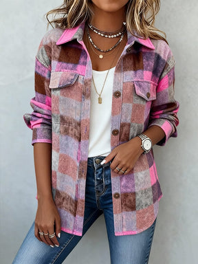 Bunte Winter Shacket Damenjacke warm kariert Casual Trend