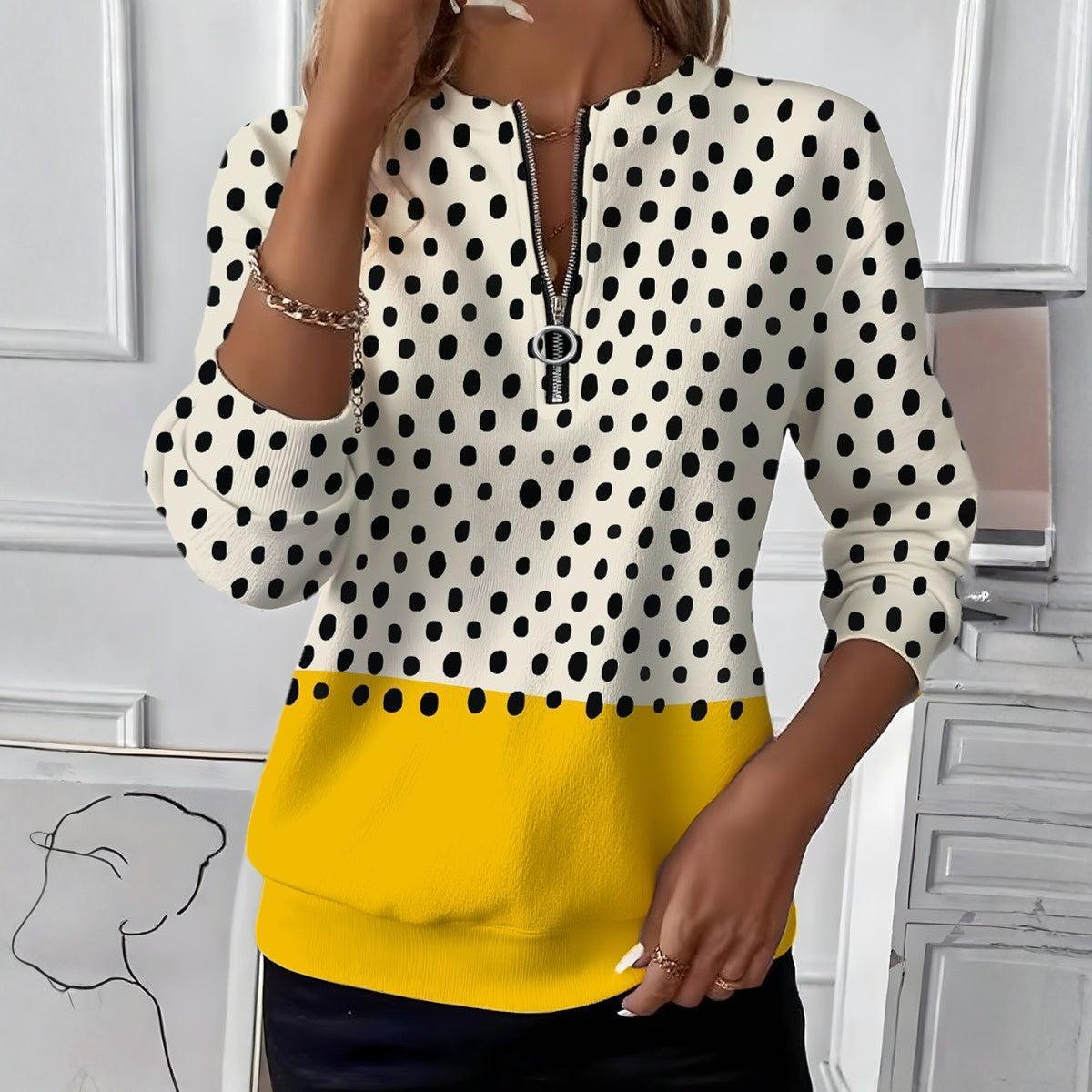 Winter Kuschel Longsleeve mit Polka Dots und Zipper V-Ausschnitt