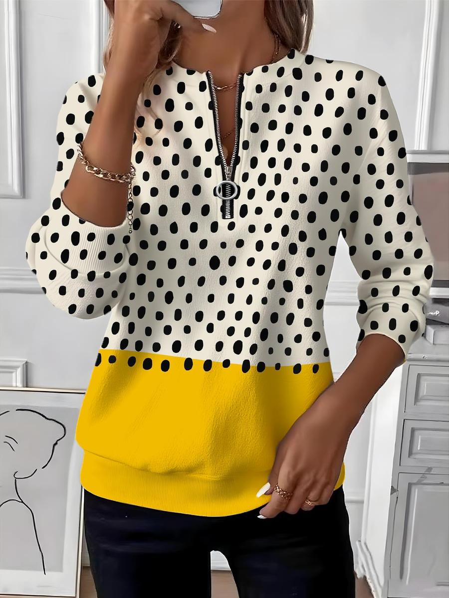 Winter Kuschel Longsleeve mit Polka Dots und Zipper V-Ausschnitt