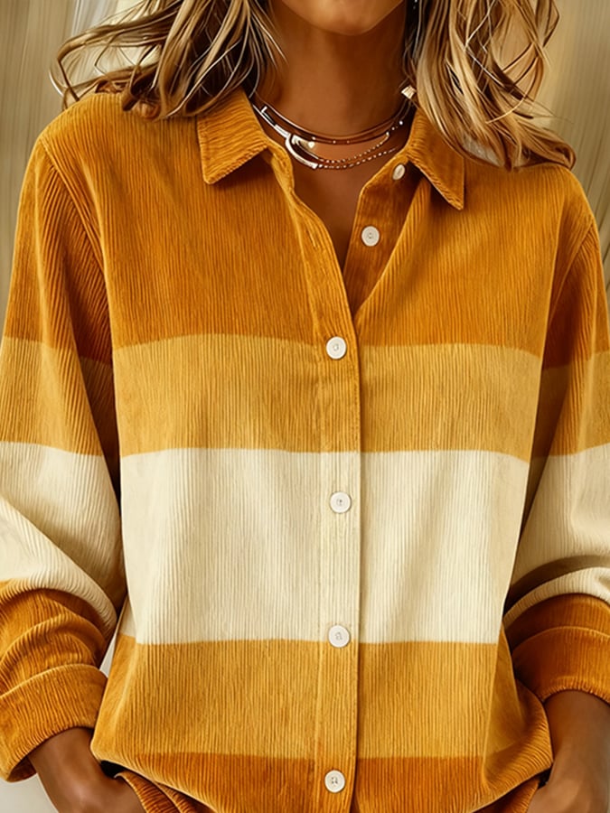 Winter Cordhemd Damen Oversize Senfgelb Creme Warmes Shirt