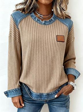 Winter Damen Waffle Top beige mit Denim Panels casual