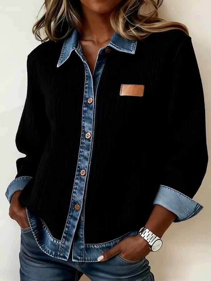 Winter Damen Patchwork Jacke Schwarz Denim Casual Warm