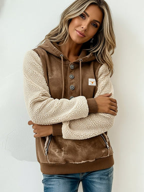 Gefütterter Damen Hoodie Winter Teddy Patchwork Braun