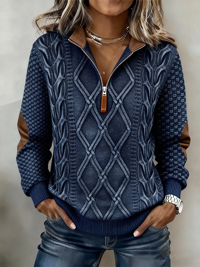 Kuscheliger Winter Half-Zip Pullover Navy mit Zopfstrick