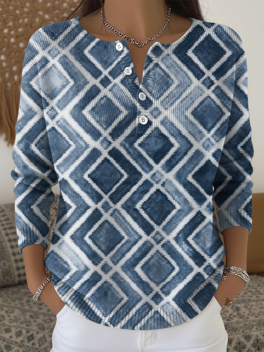 Winter Cardigan Damen blau weiß warm retro Henley Pullover