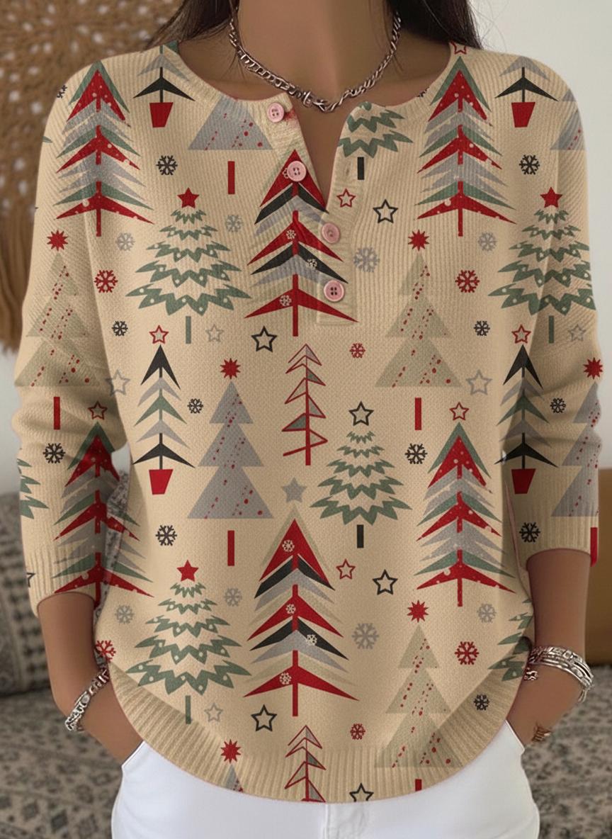 Beiger Christmas Sweater Henley mit Vintage Tannenbaumprint