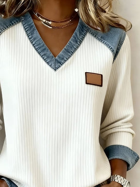Winter Damen V-Neck Patchwork Pullover im Denim-Look