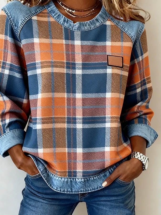 Kuscheliges Karo Sweatshirt Damen Winter Casual Denim Look