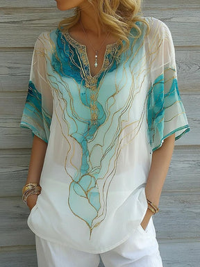 Winter V‑Neck Top Blau mit Goldprint – Elegant & Cozy