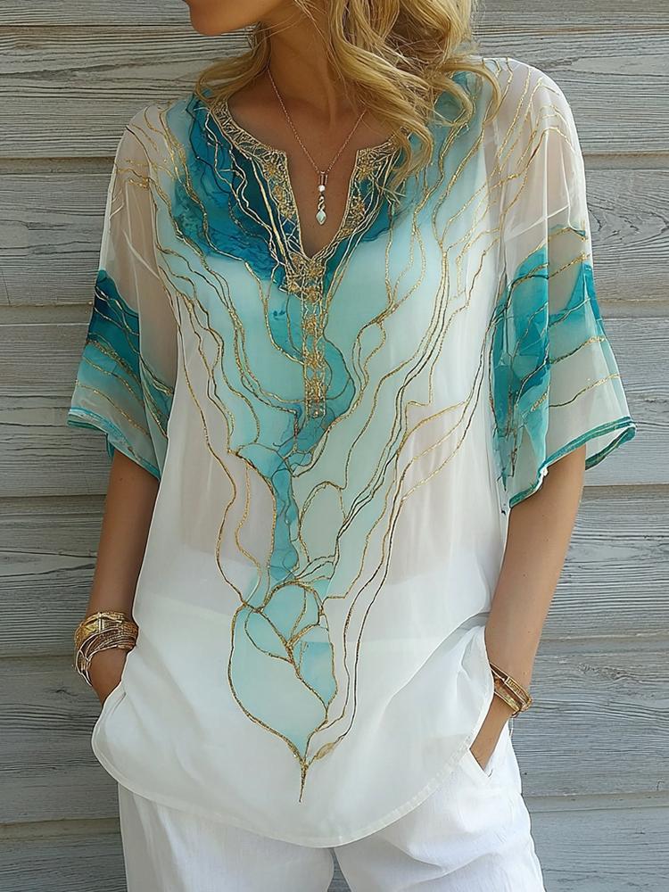 Winter V‑Neck Top Blau mit Goldprint – Elegant & Cozy