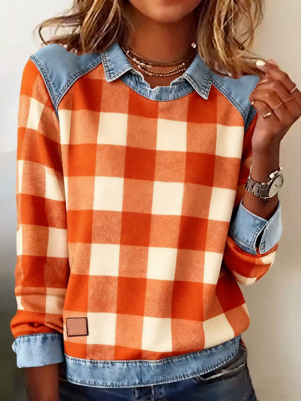 Karierter Winter Sweatshirt Pullover Orange mit Jeanskragen