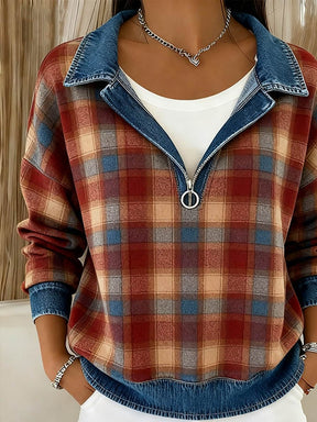 Karo Winter Sweatshirt Damen warm mit Denim Look Zipper