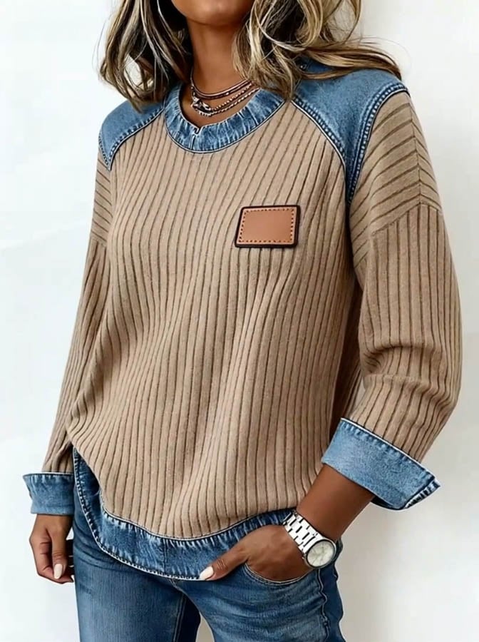 Winter Damen Waffle Top beige mit Denim Panels casual
