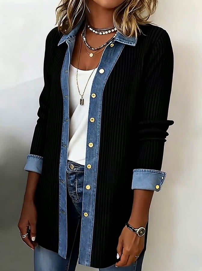 Winter Damen Patchwork Jacket schwarz Denim warm casual