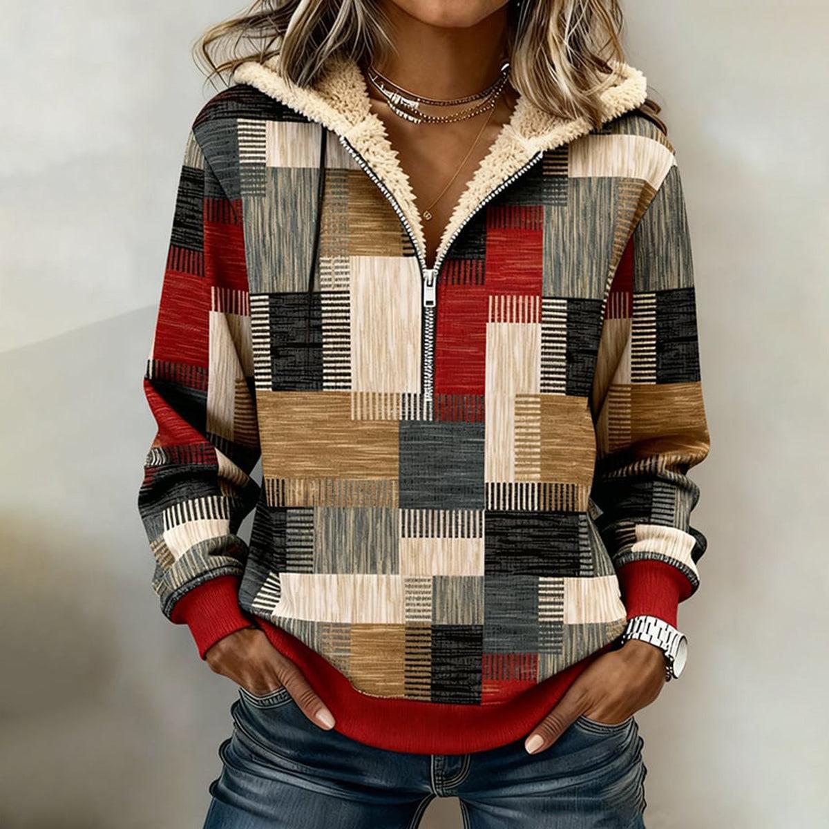 Kuscheliges Winter Patchwork Fleece Hoodie für Damen