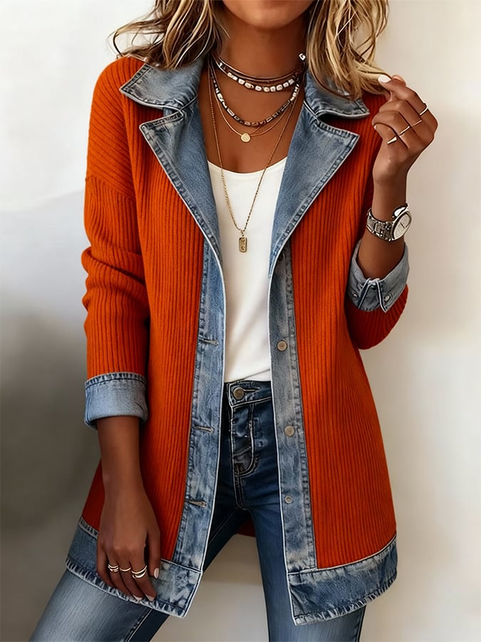 Damen Winter Strickjacke mit Denim-Details, warm & casual