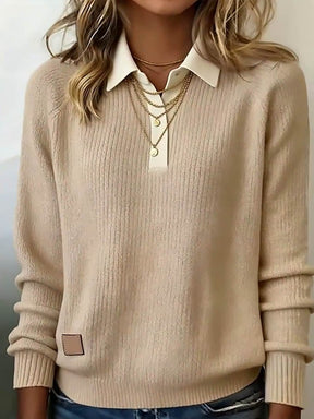 Beiger Damen Strickpullover Winter warm mit Kragen, S-XXXL