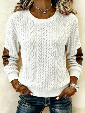 Winter Damen Pullover Weiß mit Lederärmeln Zopfstrick Warm