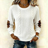 Winter Damen Pullover Weiß mit Lederärmeln Zopfstrick Warm