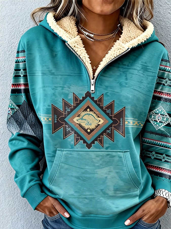 Warmer Boho Sherpa Hoodie Türkis – Kuscheliger Winterpullover