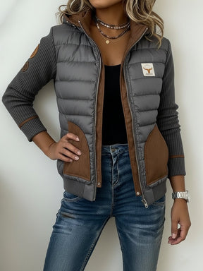 Damen Winter Stepp-Strickmantel mit Kapuze grau braun